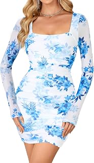 Rooscier Women Sexy Ruched Bodycon Mini Dress Mesh Glitter Long Sleeve Club Short Dress