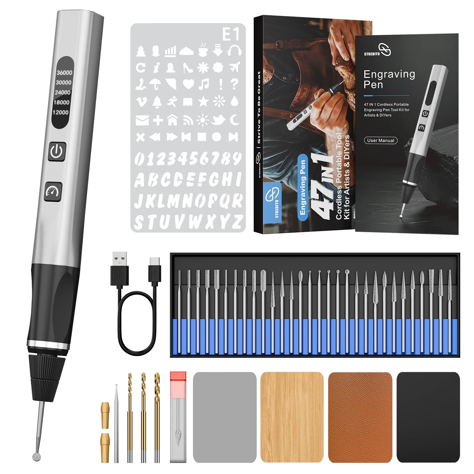 STREBITO Engraving Pen for Metal Wood Glass Plastic, 47 in 1 Engraving Kit | 5 S