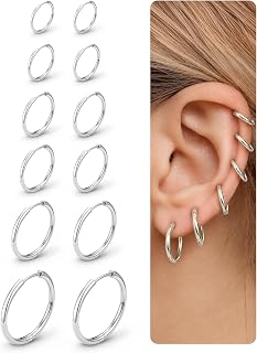 Small Silver Hoop Earrings for Women Men Hypoallergenic Surgical Steel Hoop | 6 Pairs 14K Gold Huggie Earring Stack Set for Sensitive Ears Multiple Piercing Jewelry Cartilage Helix Conch 6/7/8/10/12/14mm