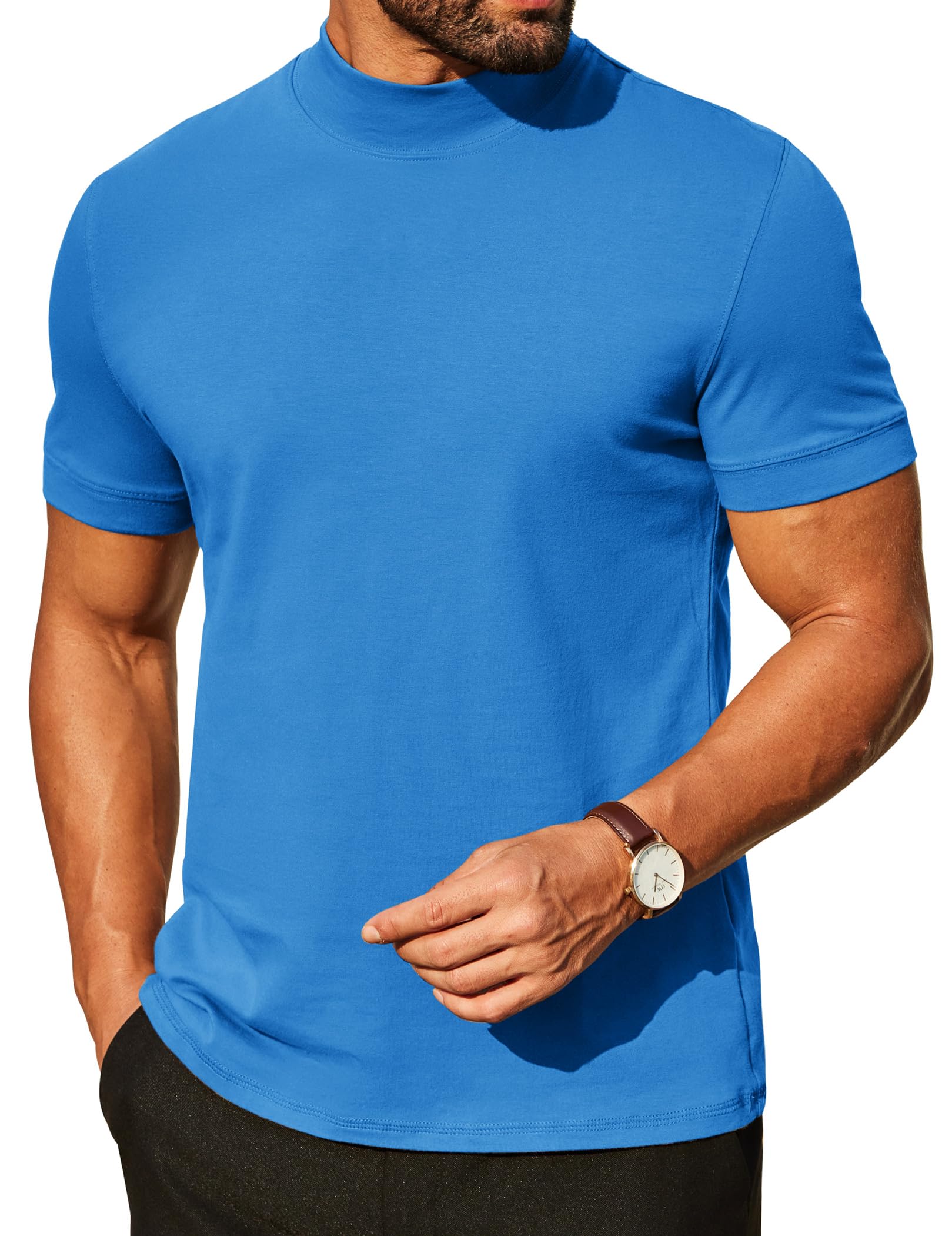 COOFANDY メンズ モックタートルネックシャツ カジュアル プレミアム コットン 半袖 シャツ ベーシック ハーフネック Tシャツ