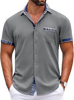 Coofandy Camisa de Vestir de Manga Corta de algodón Casual para Hombre, Cuello a Cuadros, Camisa con Botones, Gris, 3X-Large