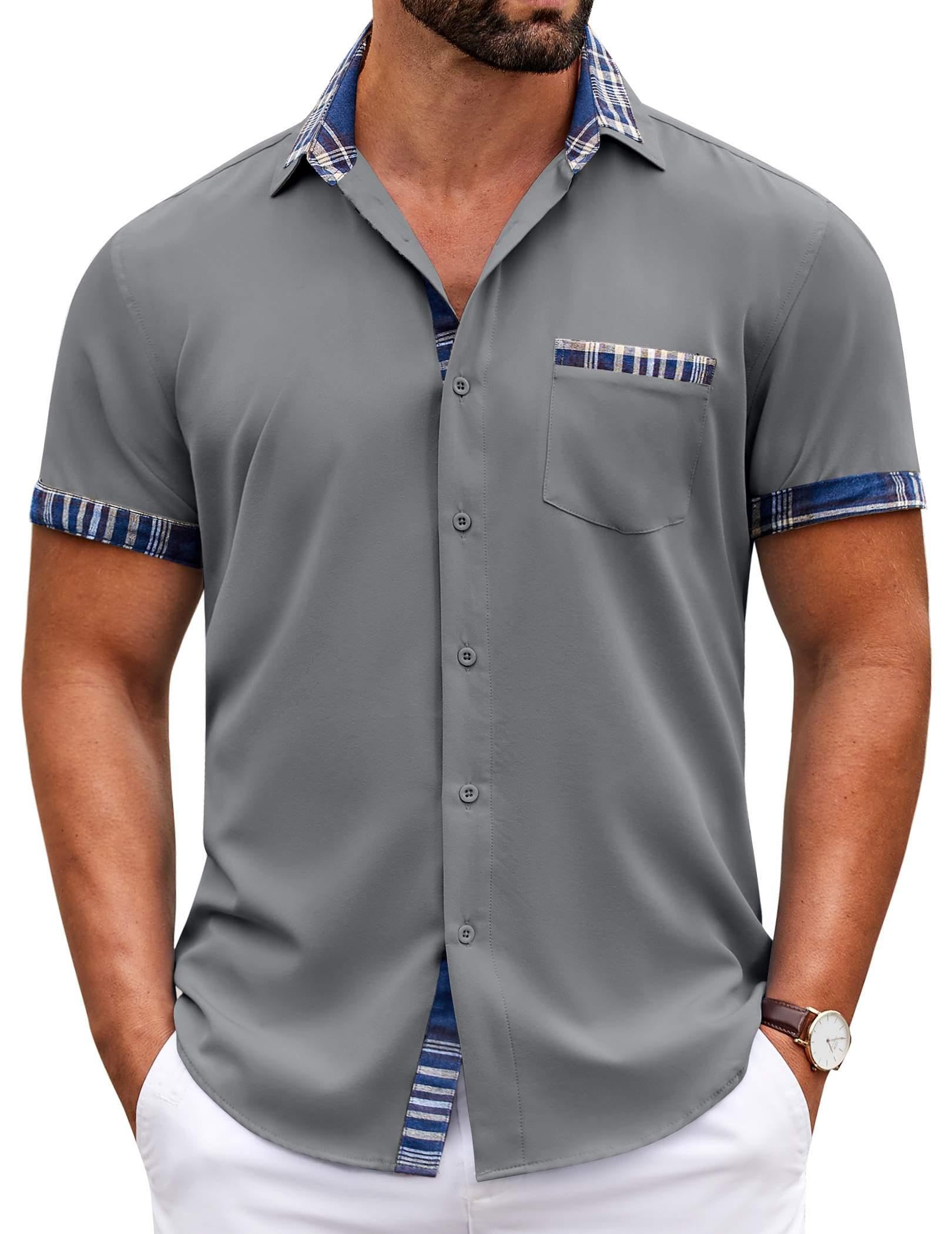 Coofandy Camisa de Vestir de Manga Corta de algodón Casual para Hombre, Cuello a