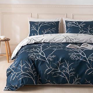 Duvet Cover Queen, Tree Branches Pattern Bed Sets, Ultra Soft Microfiber Bed Set, 3 Piece Breathable Queen Duvet Cover Set with Zipper Closure, Corner Ties, (90x90 Inch, Blue)