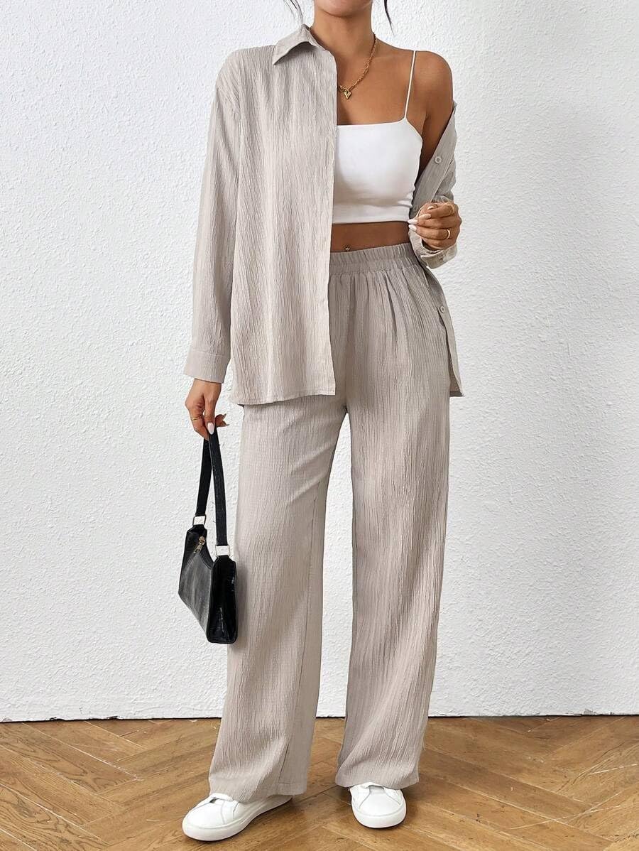 2 Piece Outfits for Women Casual Long Sleeve Button Down Shirt and Wide Leg Pant