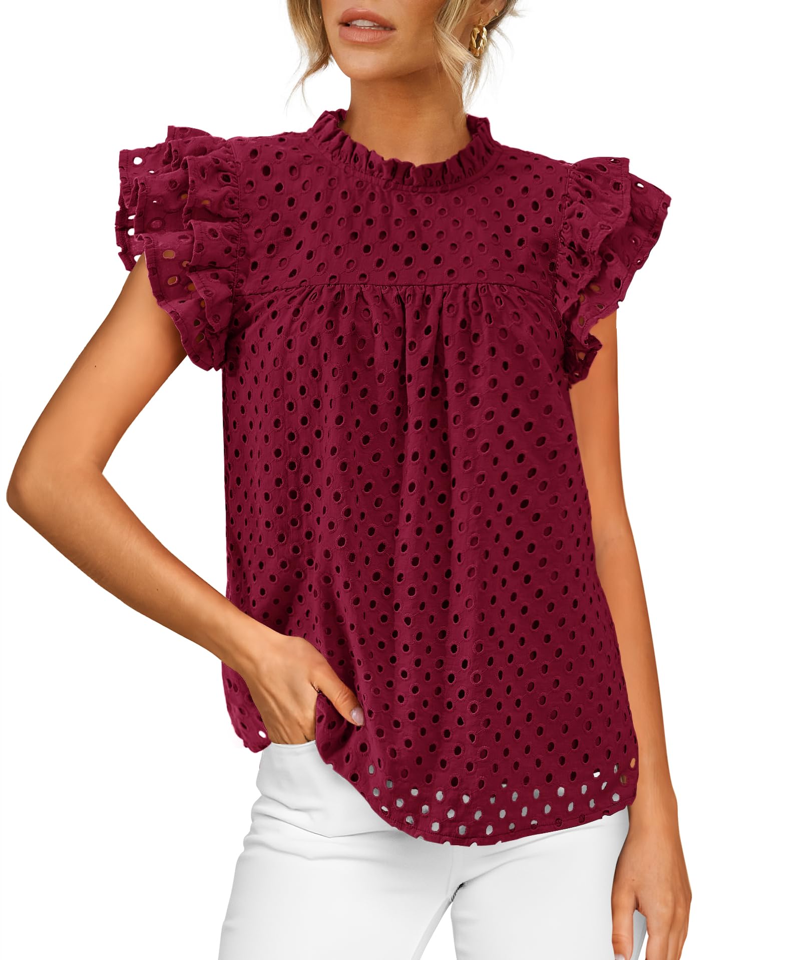 BTFBM 2025 Women Casual Summer Short Ruffle Sleeve Shirt Crew Neck Lace Embroide