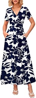 WNEEDU Women's Summer Maxi Dress Wrap Short Sleeve with Pockets