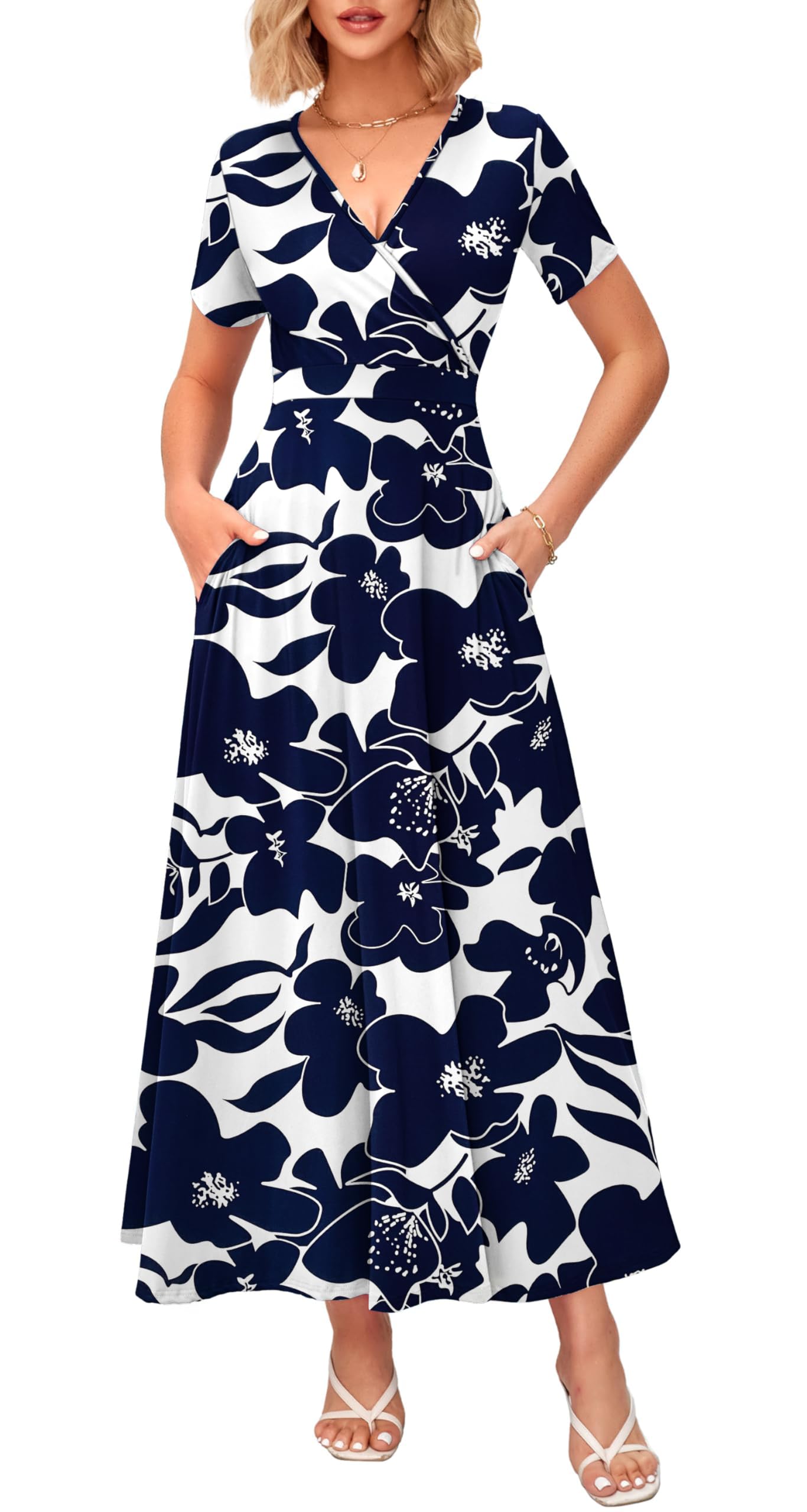 WNEEDU Women's Summer Maxi Dress Wrap Short Sleeve with Pockets