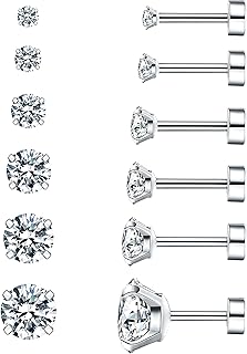 6 Pairs Hypoallergenic Cubic Zirconia Earrings Surgical Steel Flat Back Studs for Cartilage, Screw Back Fashion Jewelry