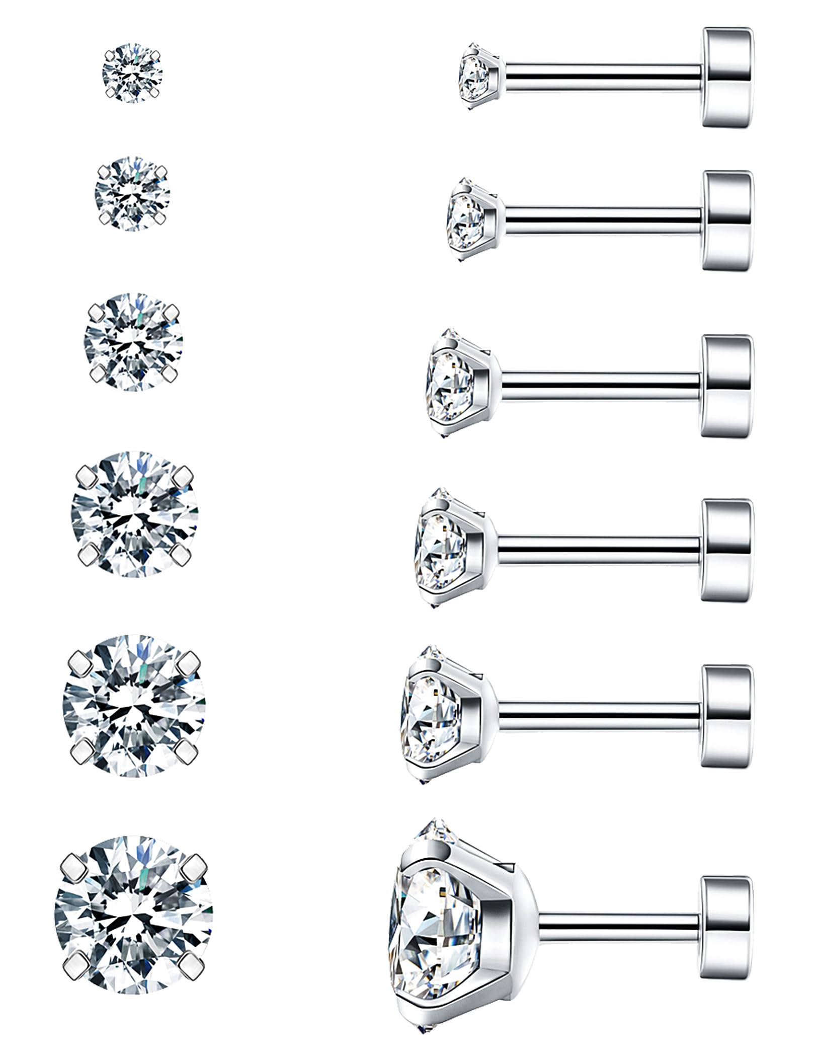 6 Pairs Hypoallergenic Cubic Zirconia Earrings Surgical Steel Flat Back Studs fo