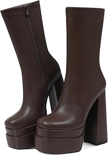 Mattiventon White Platform GoGo Boots for Women Chunky High Heels Knee High Stretch Boots