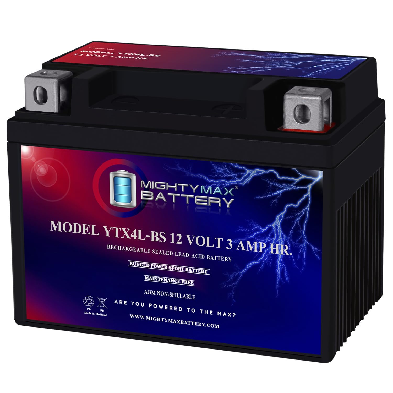 Mighty Max Battery YTX4L-BS - 12 Volt 3 AH, 50 CCA, Rechargeable Maintenance Fre
