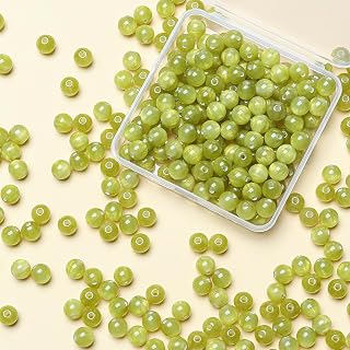 8 mm Round Yellow Green Glass Beads for Threading, Pack of 100 Crystal Gemstone Beads for Bracelets, Monochrome Gemstones Box Set with Hole for Necklace Earrings
