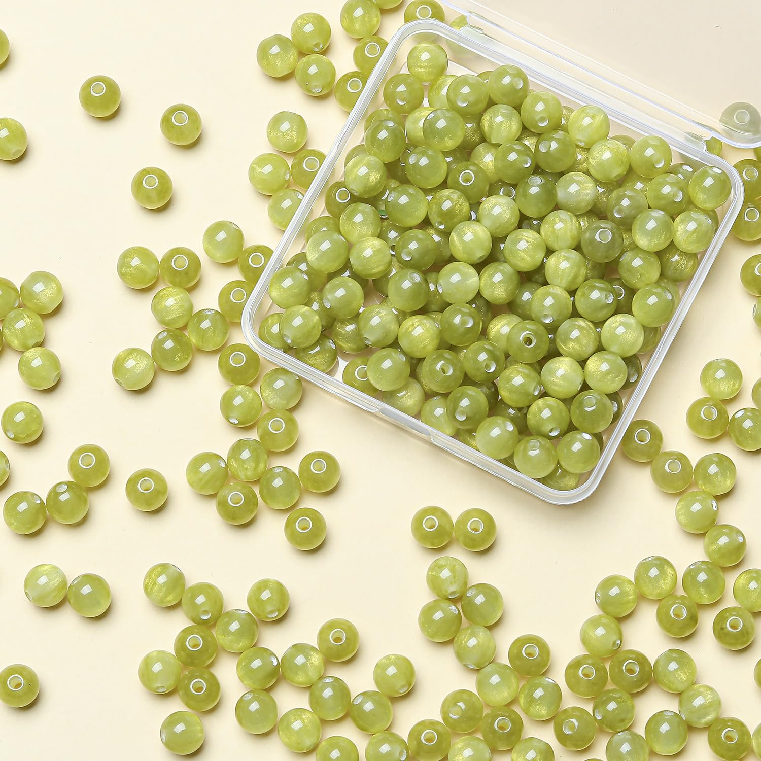 8 mm Round Yellow Green Glass Beads for Threading, Pack of 100 Crystal Gemstone 
