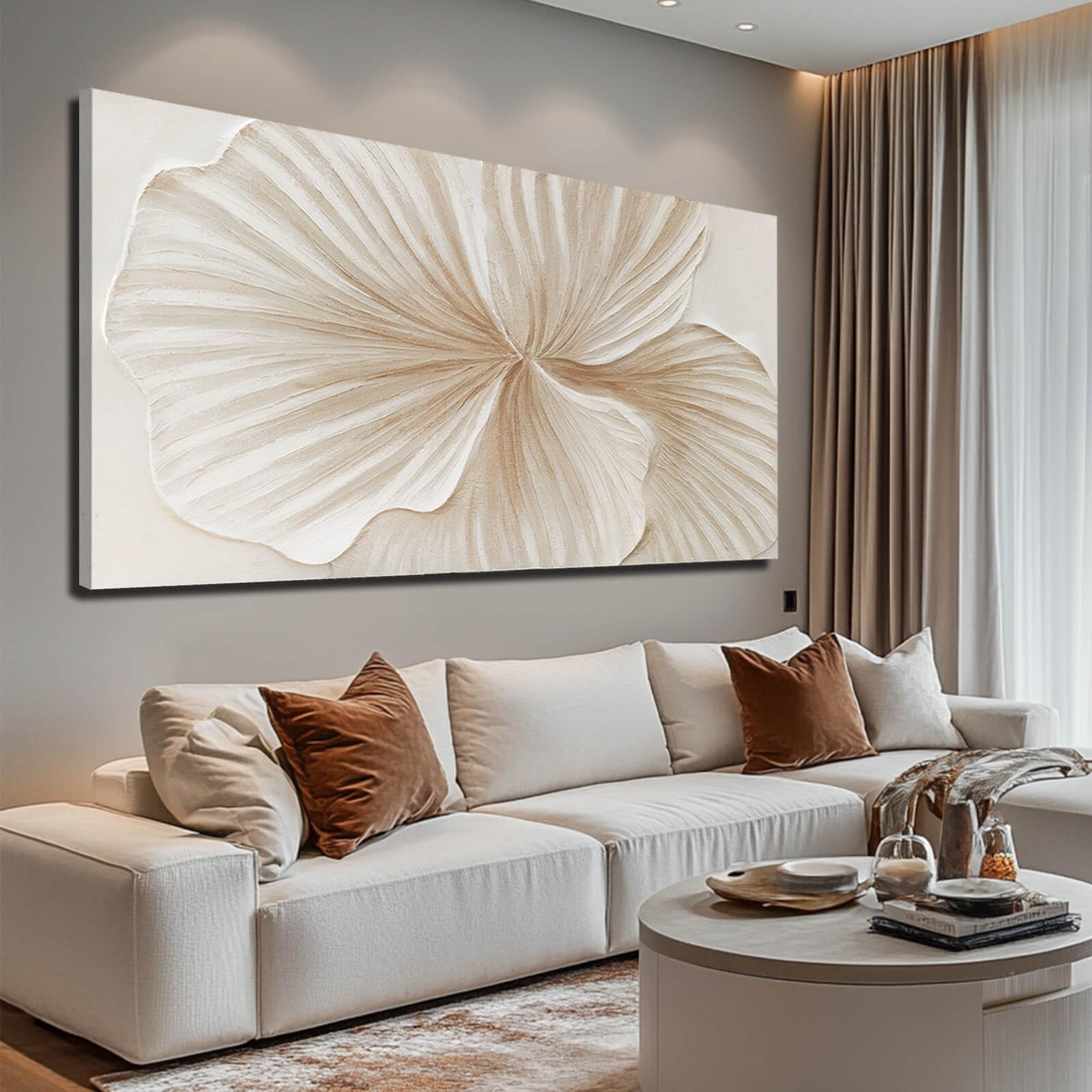 Large White Brown Minimalist Floral Wall Art for Living Room 29x58 Inch
