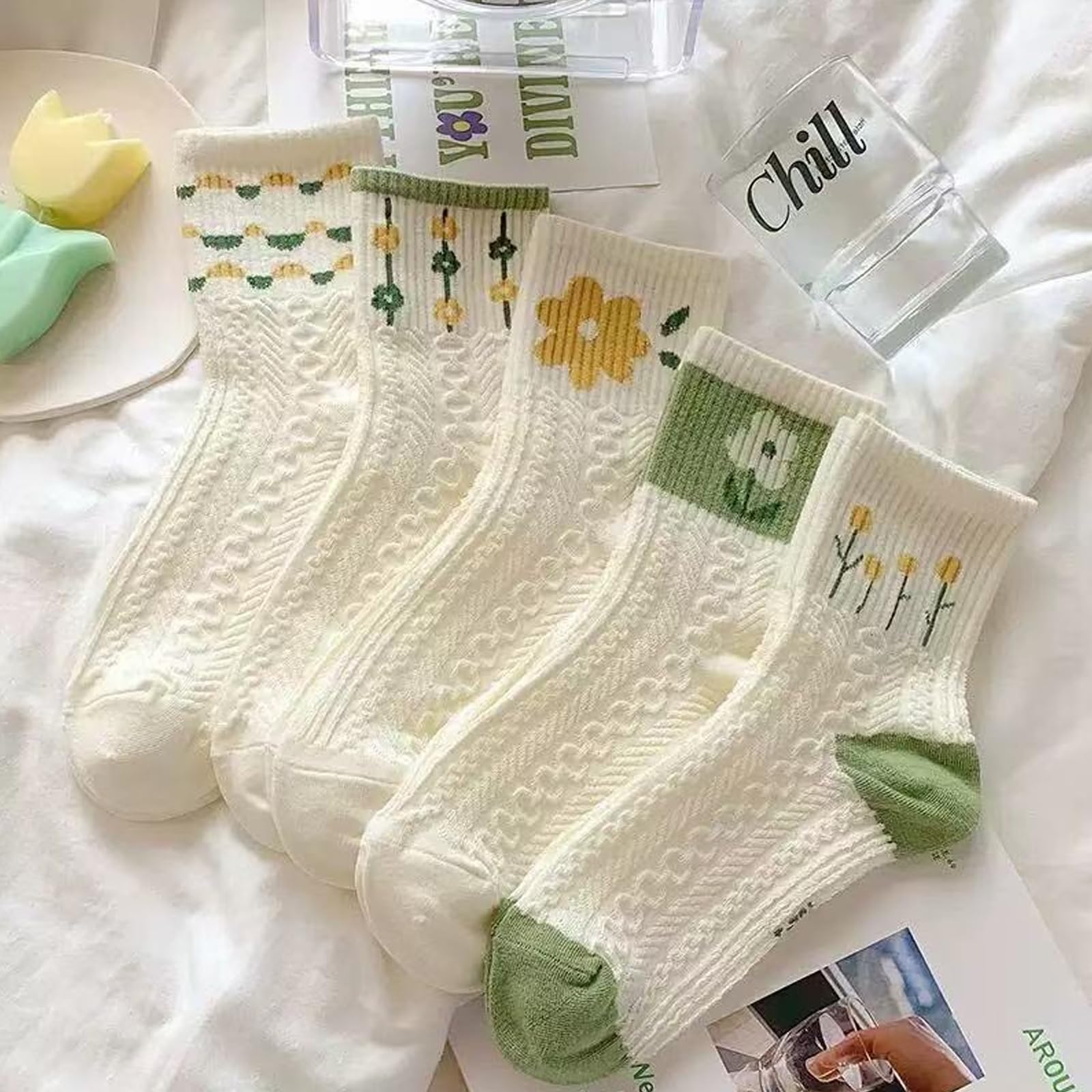 5 Pairs Women Vintage Floral Knitted Socks Soft Breathable