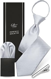 【心愛箱】 One-Touch Tie for Weddings 【Includes Pocket Square & Tie Pin】 10-Second Attachment Silver with Lock Function Water-Repellent and Stain-Resistant for Formal Wear Gift Box