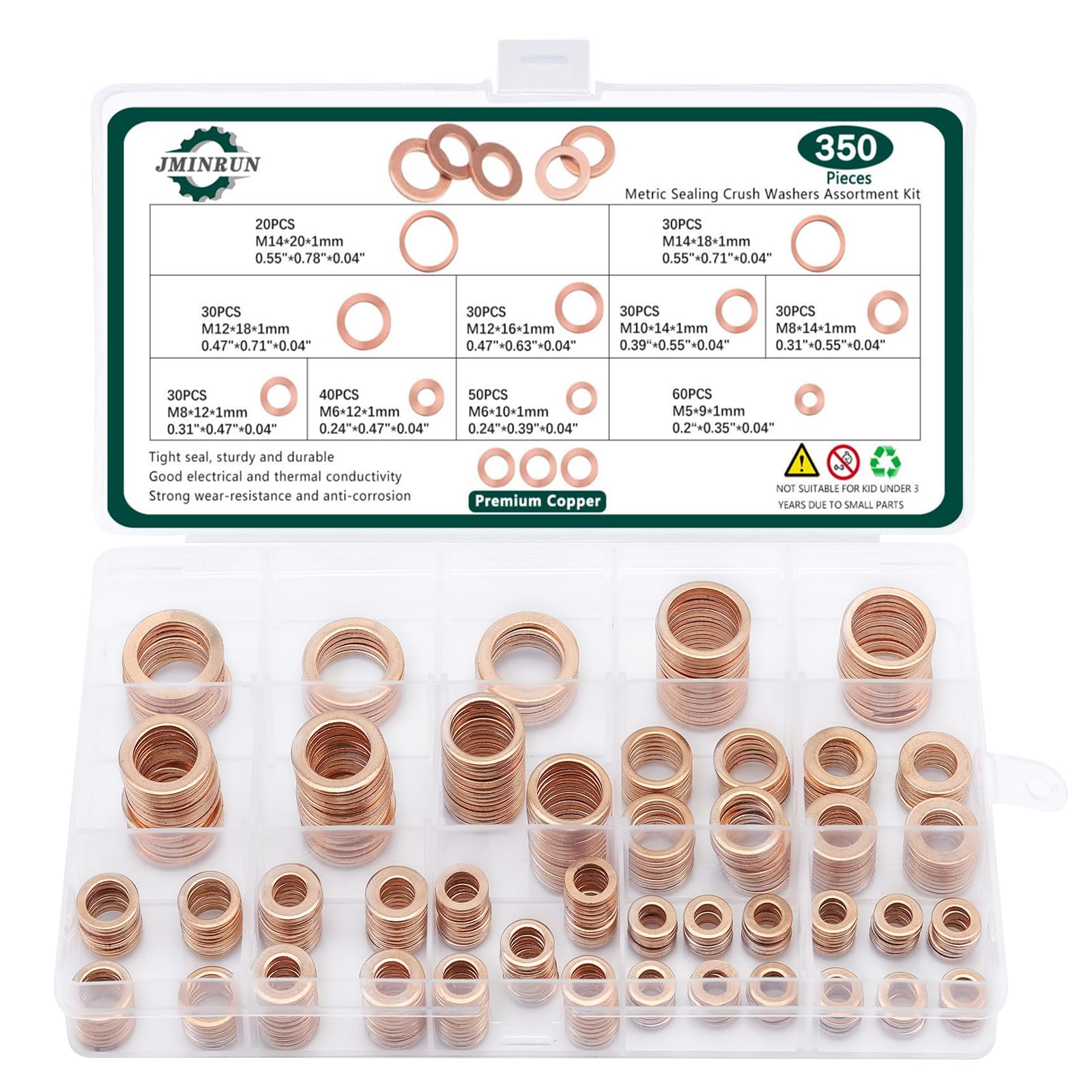 350 PCS, Premium Copper Metric Sealing Crush Washers Assortment Kit, Enhanced Fl