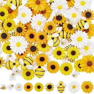 SUNNYCLUE 100Pcs 9 Styles Bee Resin Charms Daisy Flatback Charms Cute Cartoon Bubble Bees Sunflower Flower Flat Back Cabochons for Crafts Scrapbooking Phone Case Boxes Decor Jewelry Making Hair Clips