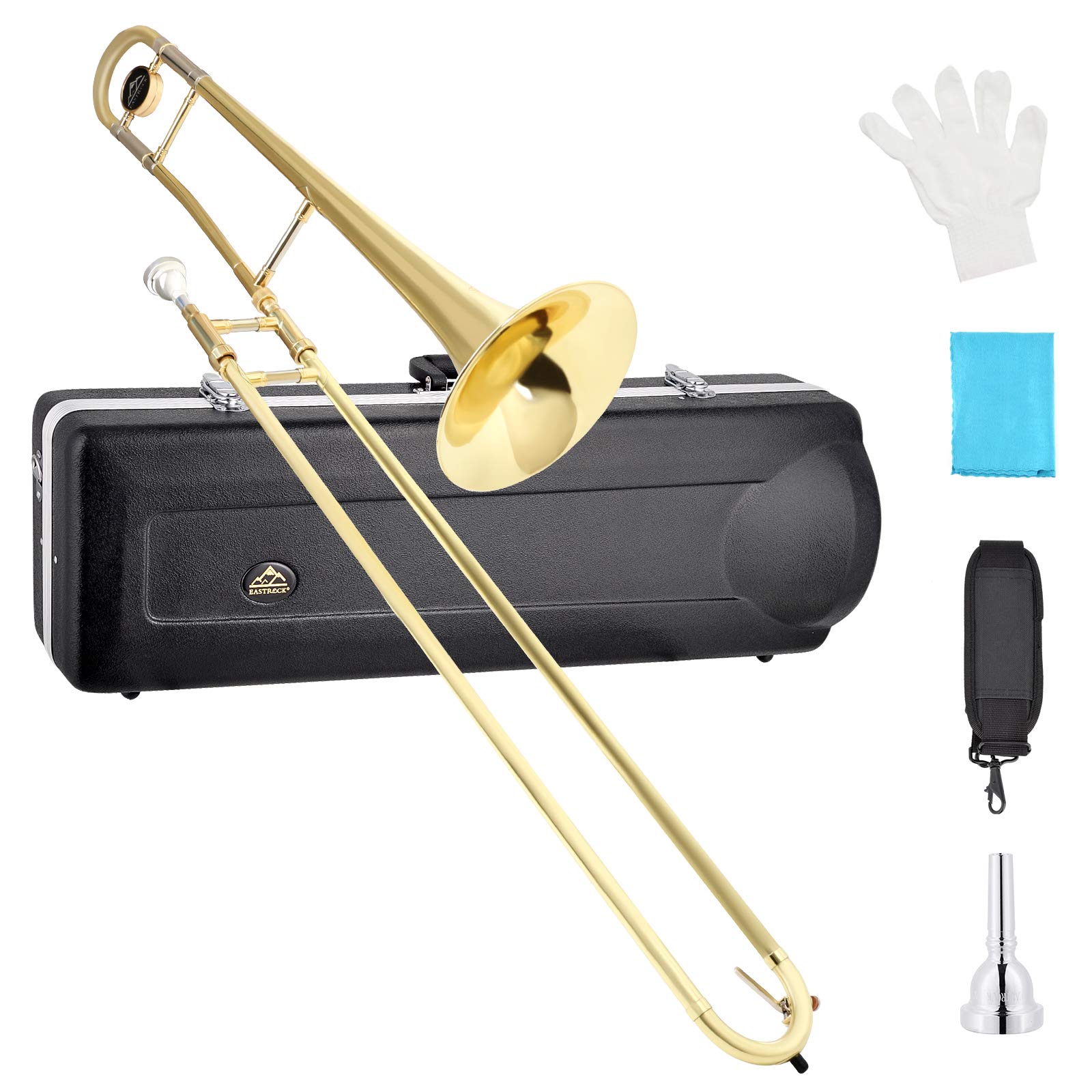 EASTROCK Bb Tenor Slide Trombone, B Flat Brass Plated Trombone Instrument for Be