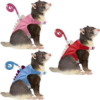 3 Pack Ferret Harness and Leash Set, Adjustable Dinosaur Vest with Bell for Small Pets, Safe Walking Outfit for Chinchilla, Guinea Pig, Baby Rabbit (Red, Pink, Blue)