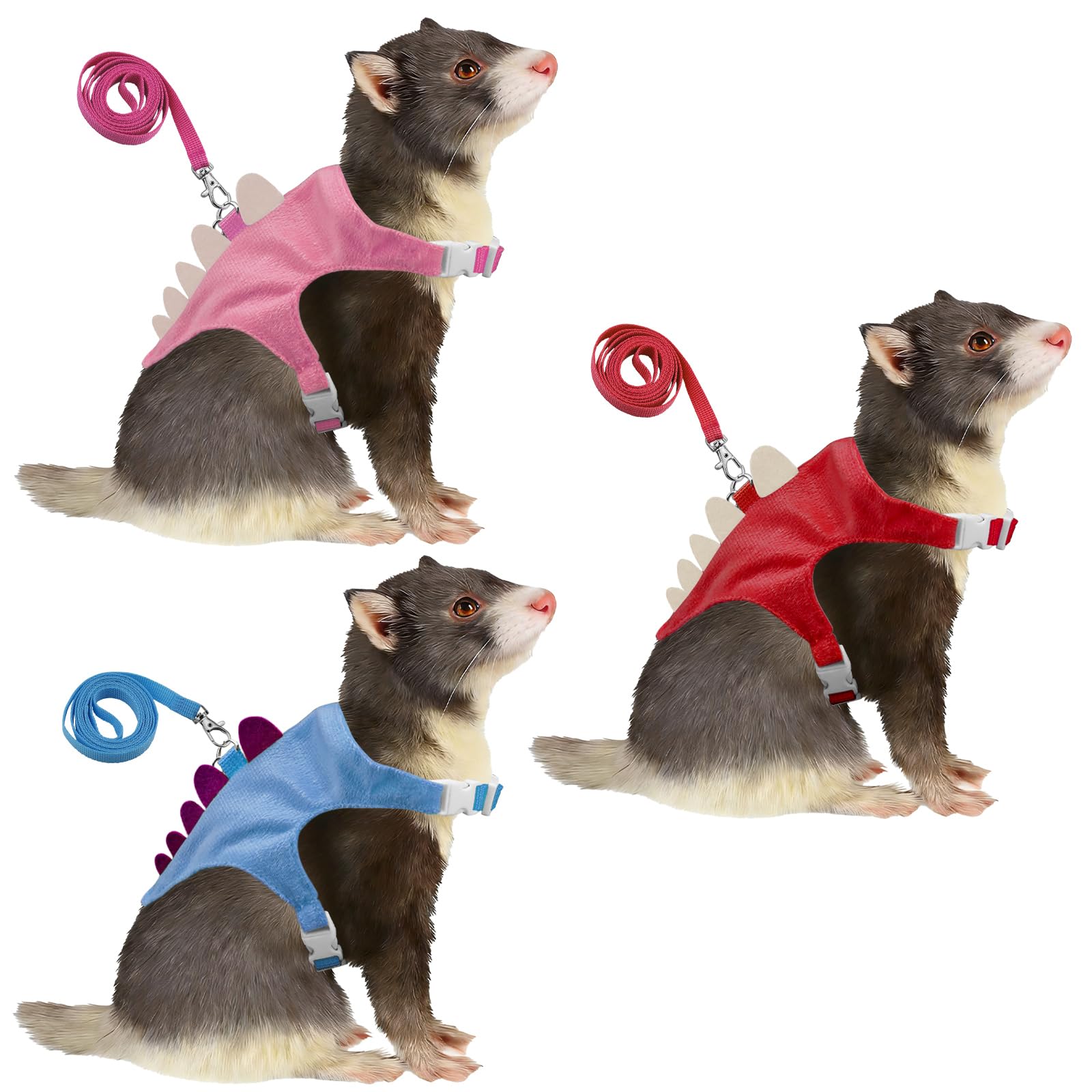 3 Pack Ferret Harness and Leash Set, Adjustable Dinosaur Vest with Bell for Smal
