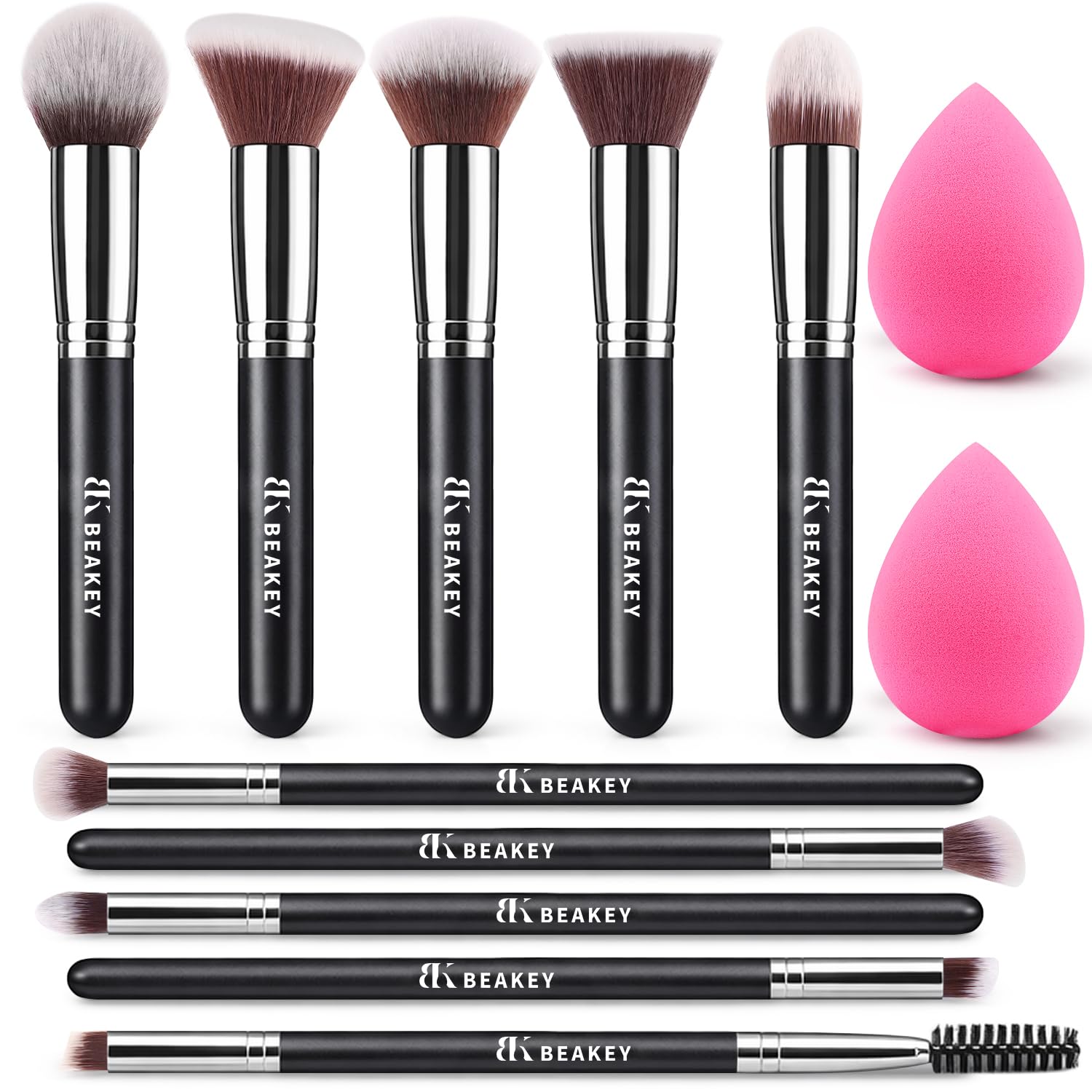 BEAKEY Makeup Brushes set with 2 Blending Sponges,10 Brush Face and Eye Set | Be