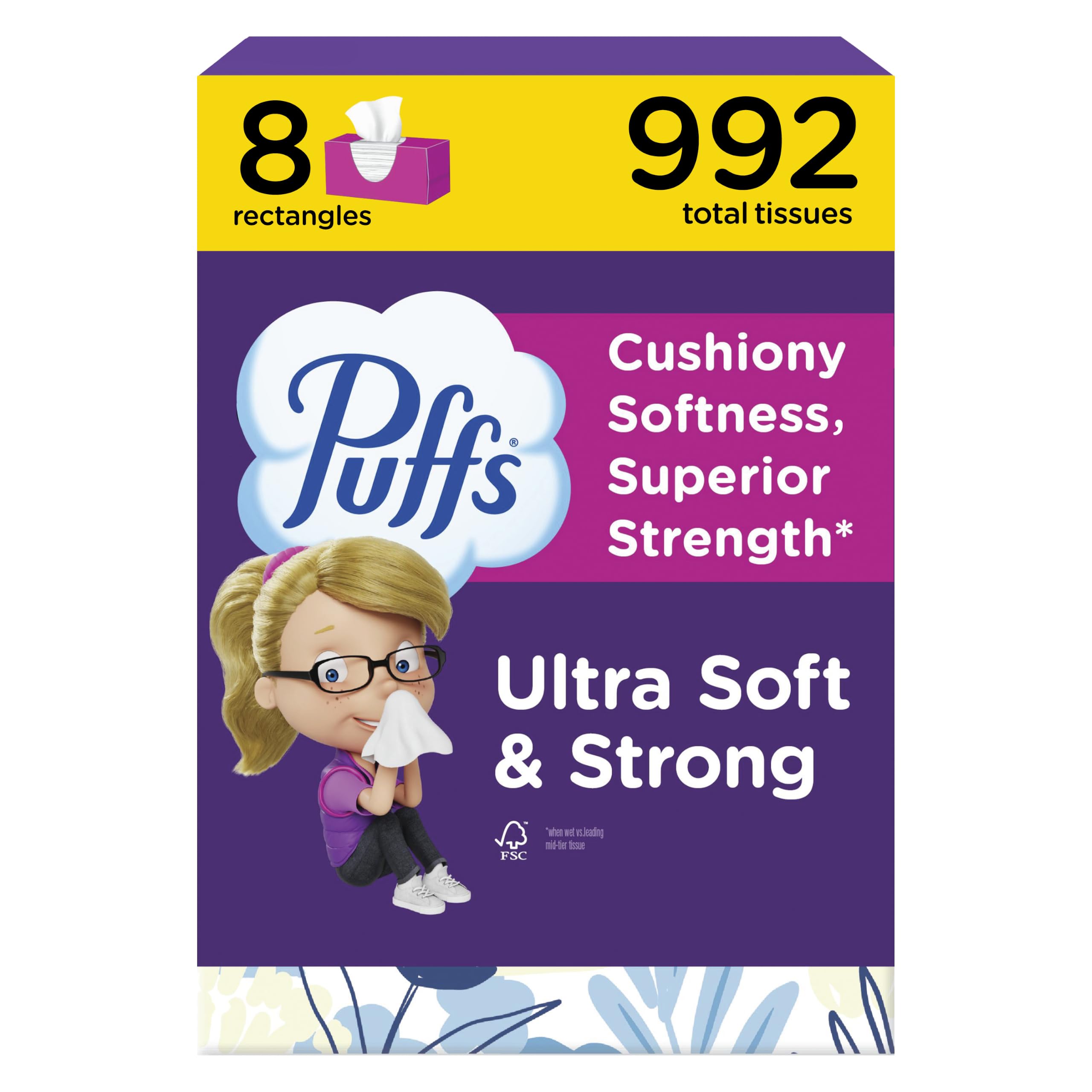 Puffs Facial Tissue Ultra Soft Non-Lotion, 8 Rectangle Boxes, 124 Facial Tissues