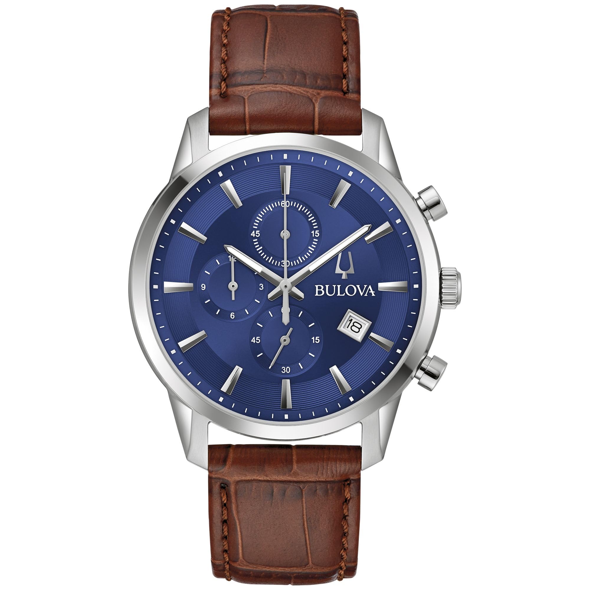 Bulova Sutton 41mm Brown and Blue Chronograph Watch with Blue Dial and Brown Lea