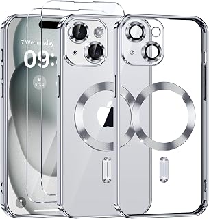 Phoona Clear Magnetic Case for iPhone 15 6.1 Inch, with 2 Tempered Glass Screen Protectors, Anti-Yellow, Shockproof, Wireless Charging, Anti Scratch, Silver