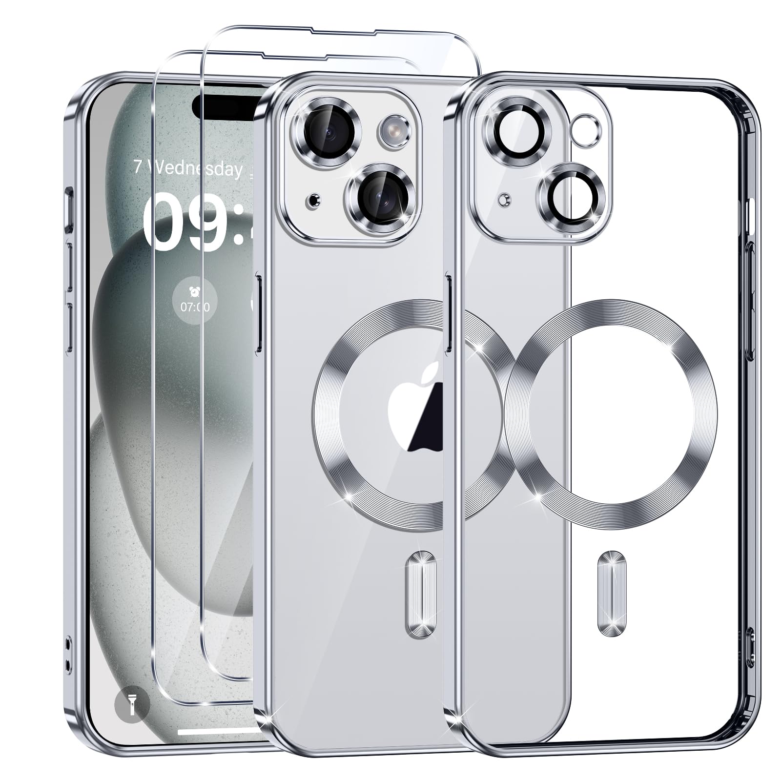 Phoona Clear Magnetic Case for iPhone 15 6.1 Inch, with 2 Tempered Glass Screen 