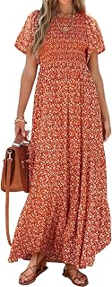 [WYZE] PRETTYGARDEN Women's Casual Long Sleeve Crew Neck Fall Dress Bohemian Floral Flowy Maxi Dress Tiered Smocked Summer Dresses (Orange, Small)