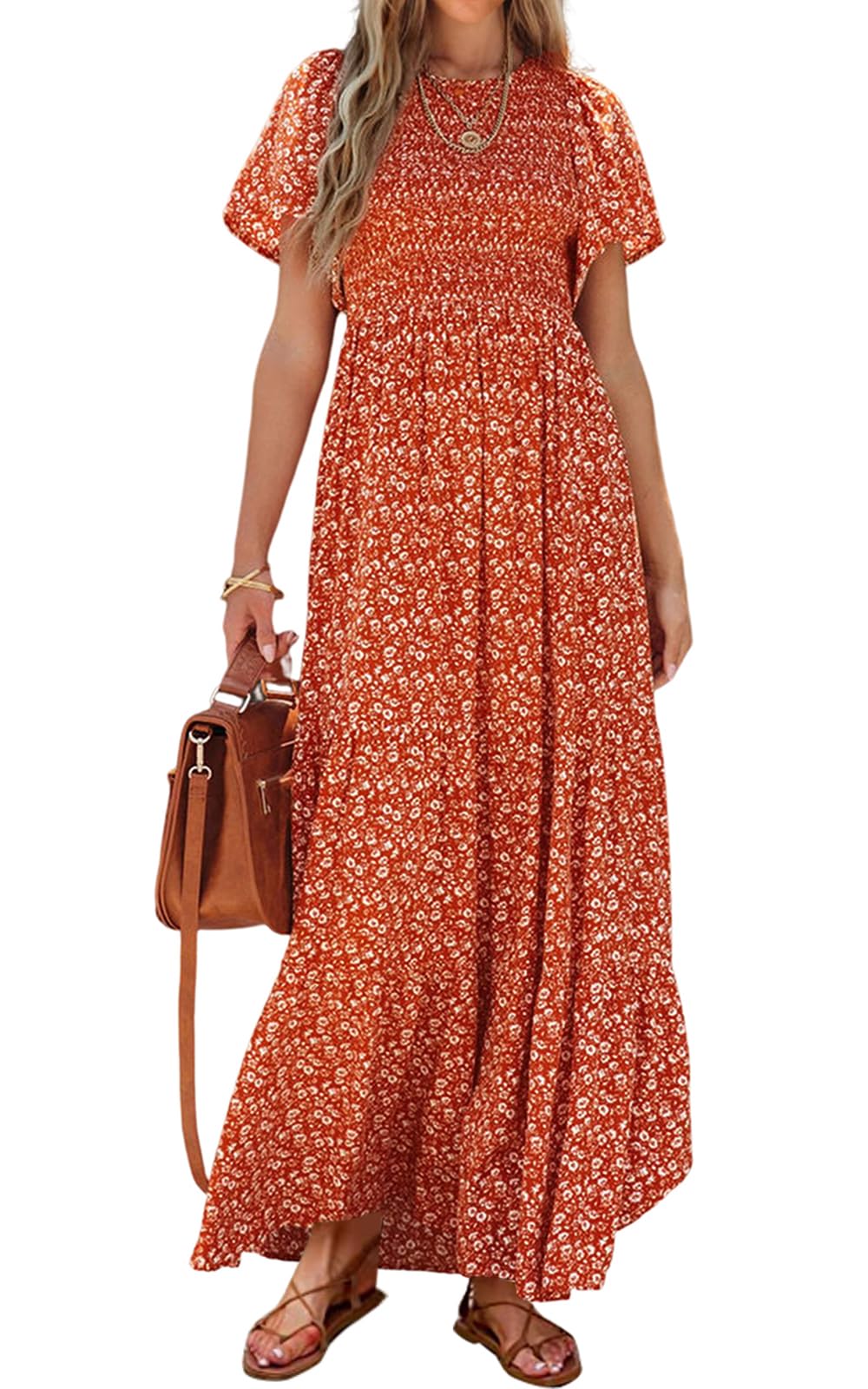 PRETTYGARDEN Smocked Top Summer Dresses for Women 2026 Short Sleeve Floral Maxi 