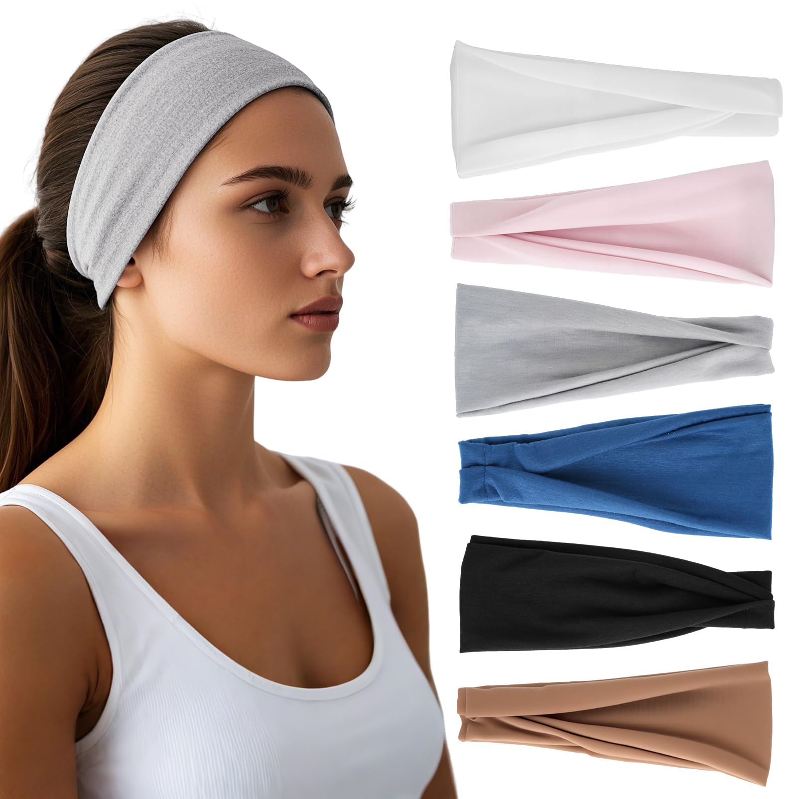 Headbands for Women - 6 Pack Wide Elastic Hair Bands | Stretchy Sweatbands Hair 
