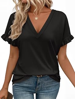 Valiamcep T Shirts Short Ruffle Sleeve V Neck Tees Womens Tops Beach Vacation 2026 Casual Summer Spring Outfits