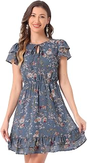 Allegra K Women Ruffle Sleeve A Line Flowy Floral Mini Chiffon Dress