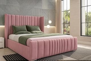 LUXURY DELUXE Winged Bedframe with 48" Wingback Headboard, Upholstered Plush Velvet Bed for Bedroom, Single, Double, Kingszie, Super King Bed (Pink Plush, 4FT Small Double With Mattress - No Storage)