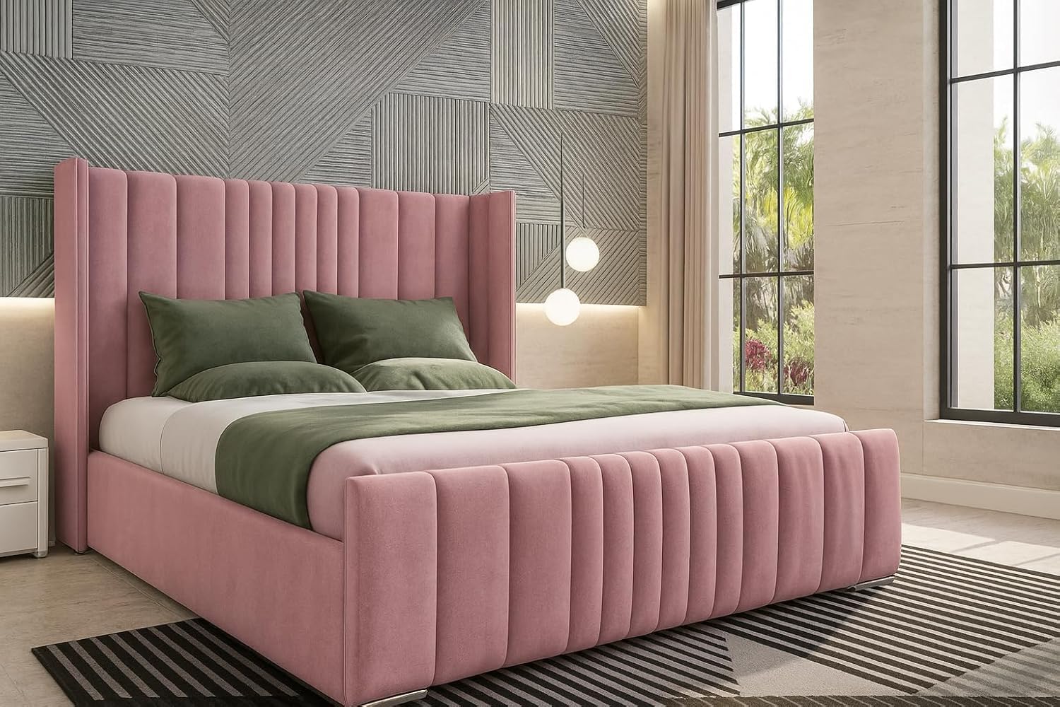 LUXURY DELUXE Winged Bedframe with 48" Wingback Headboard, Upholstered Plush Vel