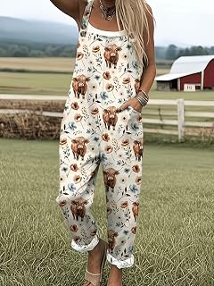 Women's Cow Print Sleeveless Jumpsuit Tie Strap Cropped Leg and Pockets Casual Western Wear