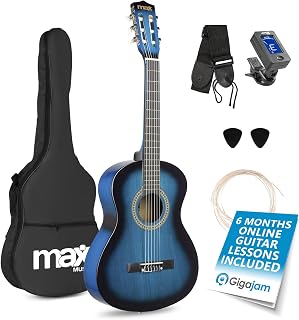 MAX SoloArt Junior 3/4 Acoustic Guitar Set for Beginners, Blue | Nylon strings, glossy finish, ages 7-12, ideal for music classes