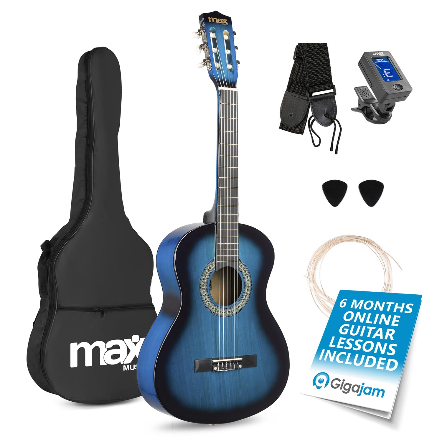 MAX SoloArt Junior 3/4 Acoustic Guitar Set for Beginners, Blue | Nylon strings, 