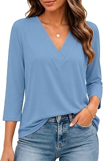 Bliwov レディース 七分袖 Vネック トップス ルーズフィット Tシャツ カジュアル ブラウス