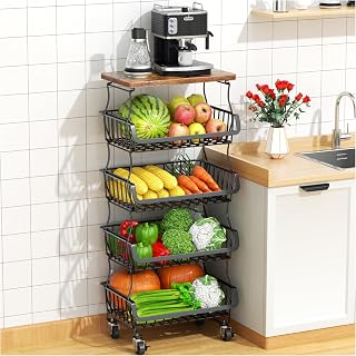 Gsiekare 5 Tier Fruit and Vegetable Basket for Kitchen with Wheels | Stackable Fruit Vegetable Storage Baskets with Wood Top, Metal Wire Storage Cart for Kitchen, Pantry