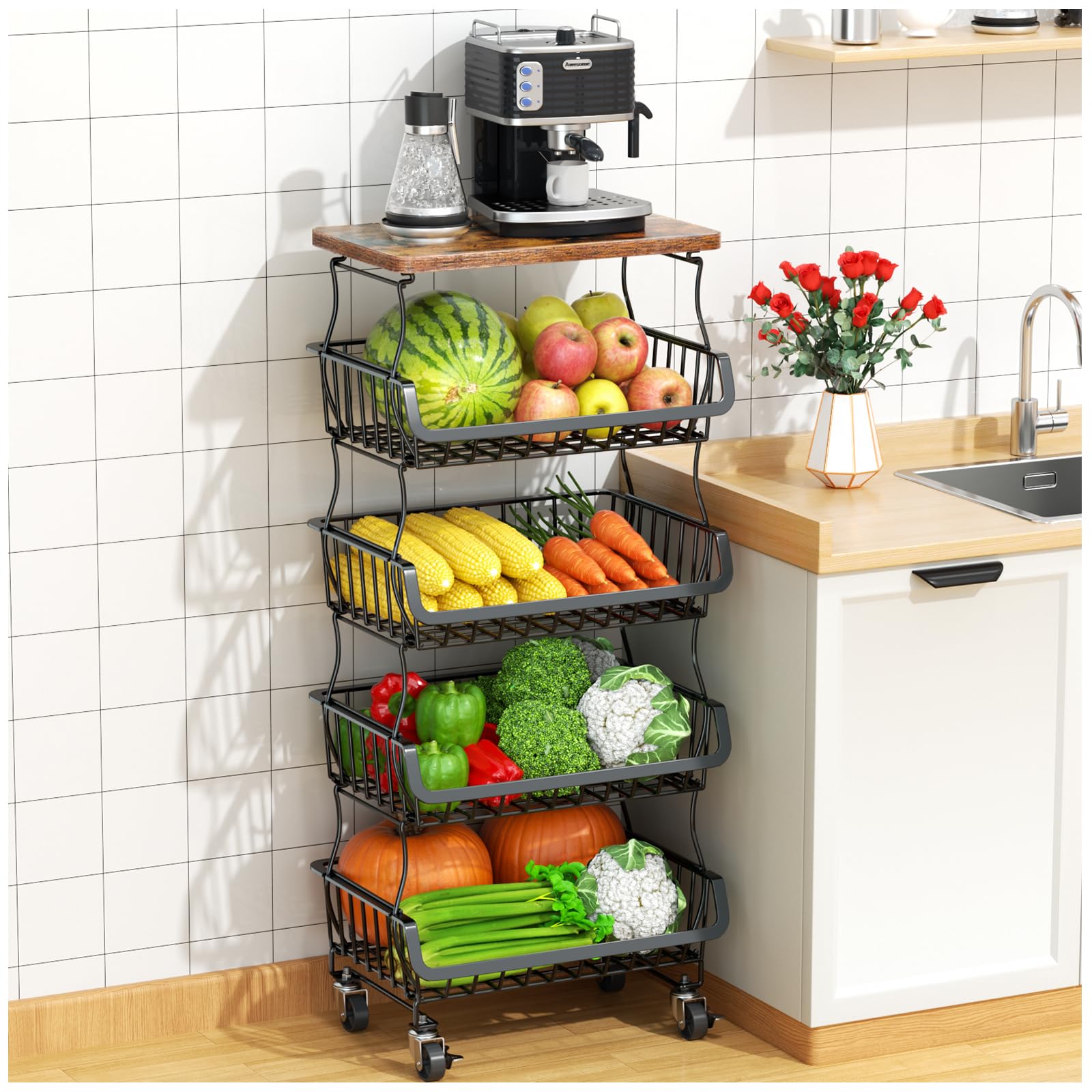 Gsiekare 5 Tier Fruit and Vegetable Basket for Kitchen with Wheels | Stackable F