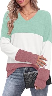 AUSELILY Women's V-Neck Colour Block Long Sleeve Sweatshirt
