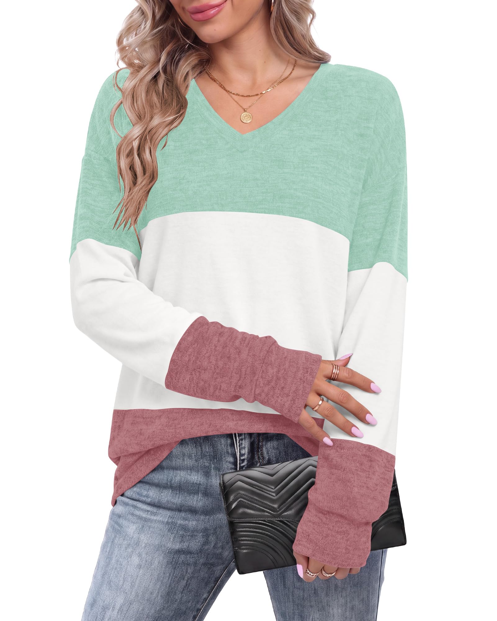 AUSELILY Women's V-Neck Colour Block Long Sleeve Sweatshirt