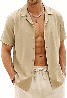 Halfword Men's Linen Short Sleeve Summer Cotton Shirt Casual Buttons Plain