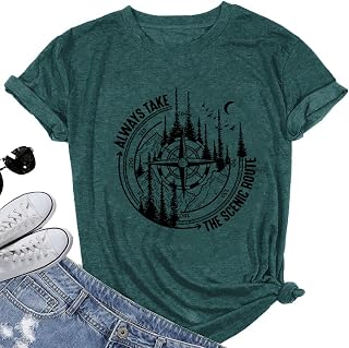 Women Mountain Adventure Athletic Top Compass Graphic Tee for Outdoor Camping Hiking Pine Tree Wanderlust Workout Shirt