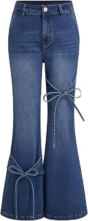 CIDER Jeans de pierna ancha con lazo para mujer, cintura media, holgados, acampanados, con bolsillos, pantalones de mezclilla de moda Y2K