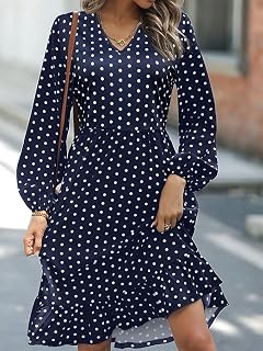 2026 Women's V Neck Bell Sleeve Polka Dot Autumn Dress