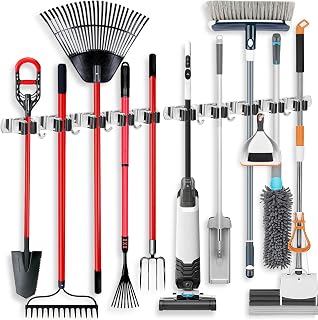 IMILLET 2 Pack Broom Holder Wall Mount Stainless Steel Mop Organizer | 5 Racks 4 Hooks Heavy Duty Garage Organization Storage,Broom and Mop Organizer Wall Hanging Self Adhesive for Laundry Room